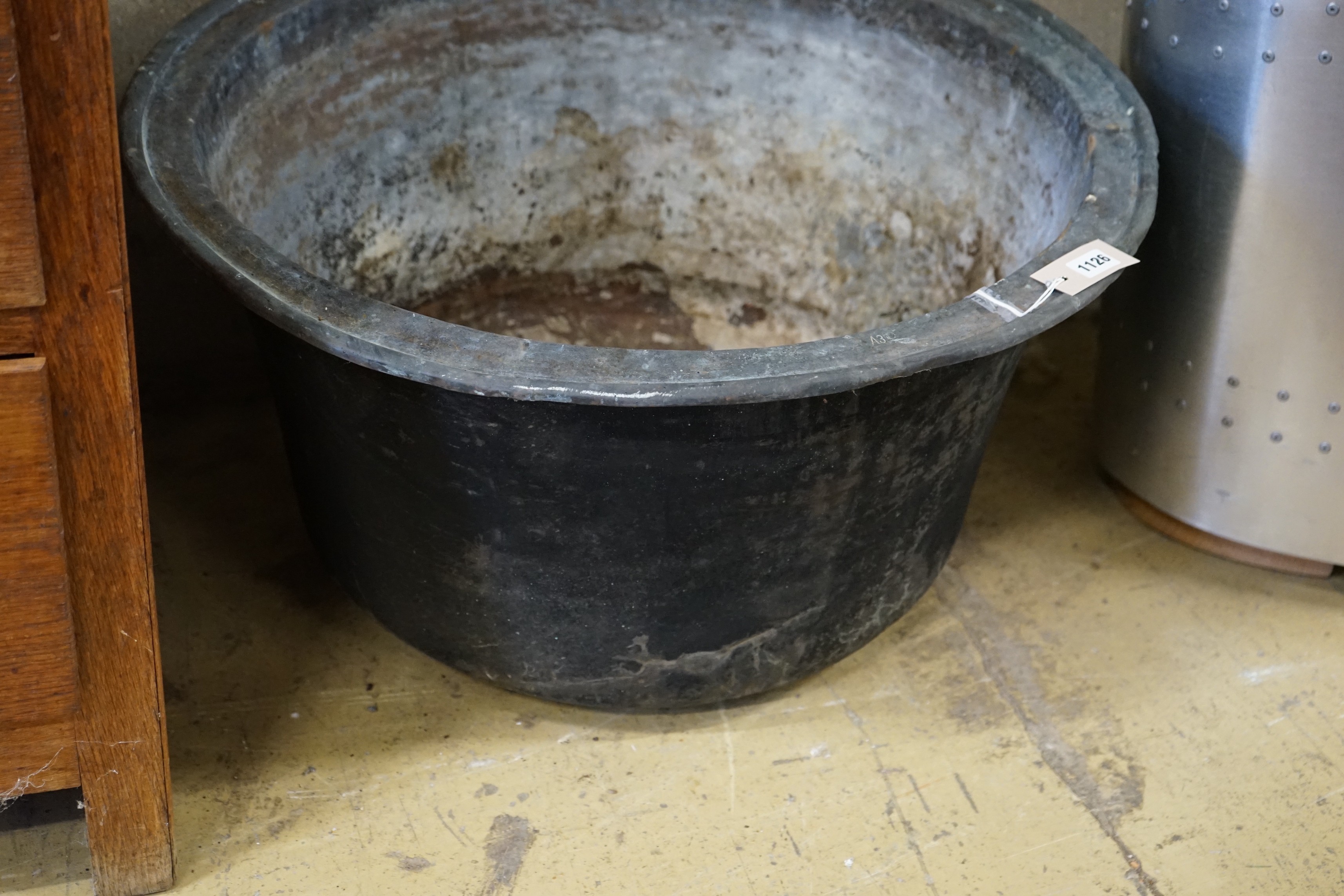 A Victorian circular copper cauldron, diameter 75cm, height 39cm